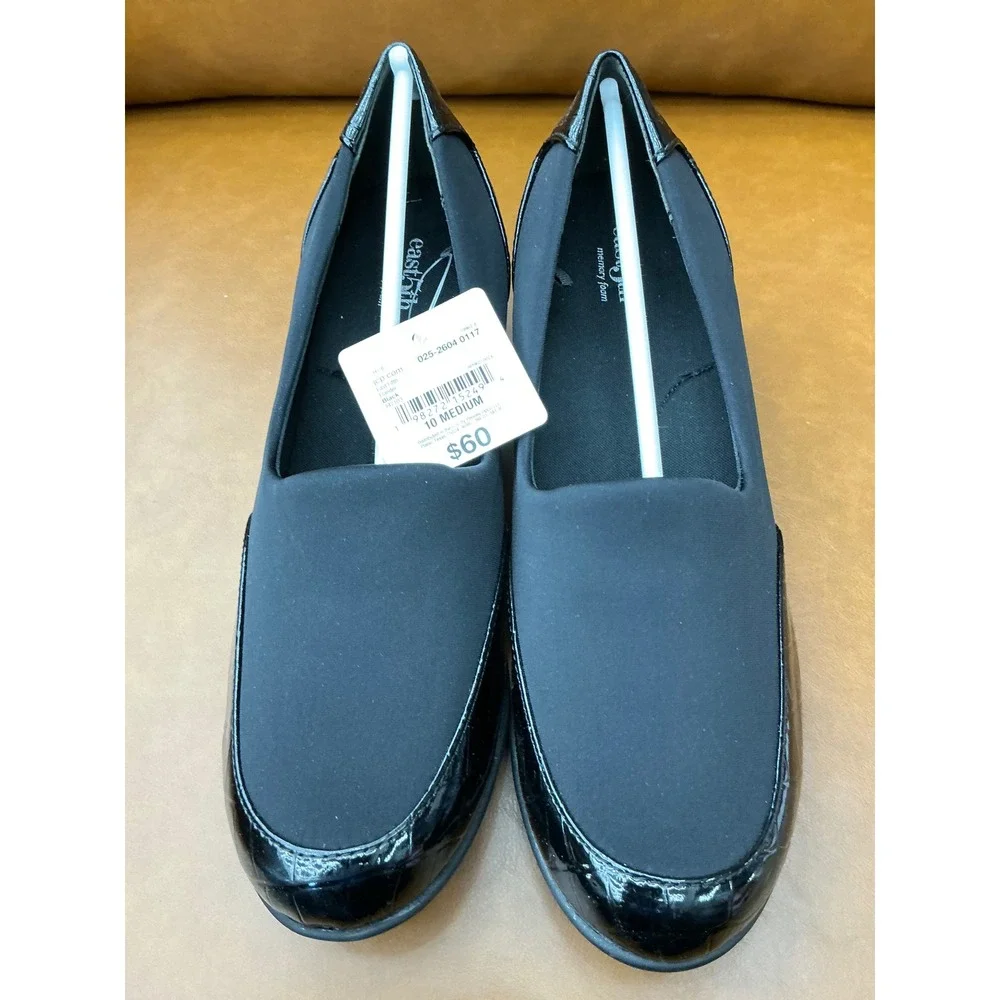 East‎ 5th Elander Wedge Pumps Womens 10 Black New Croc Embossed Patent Trim